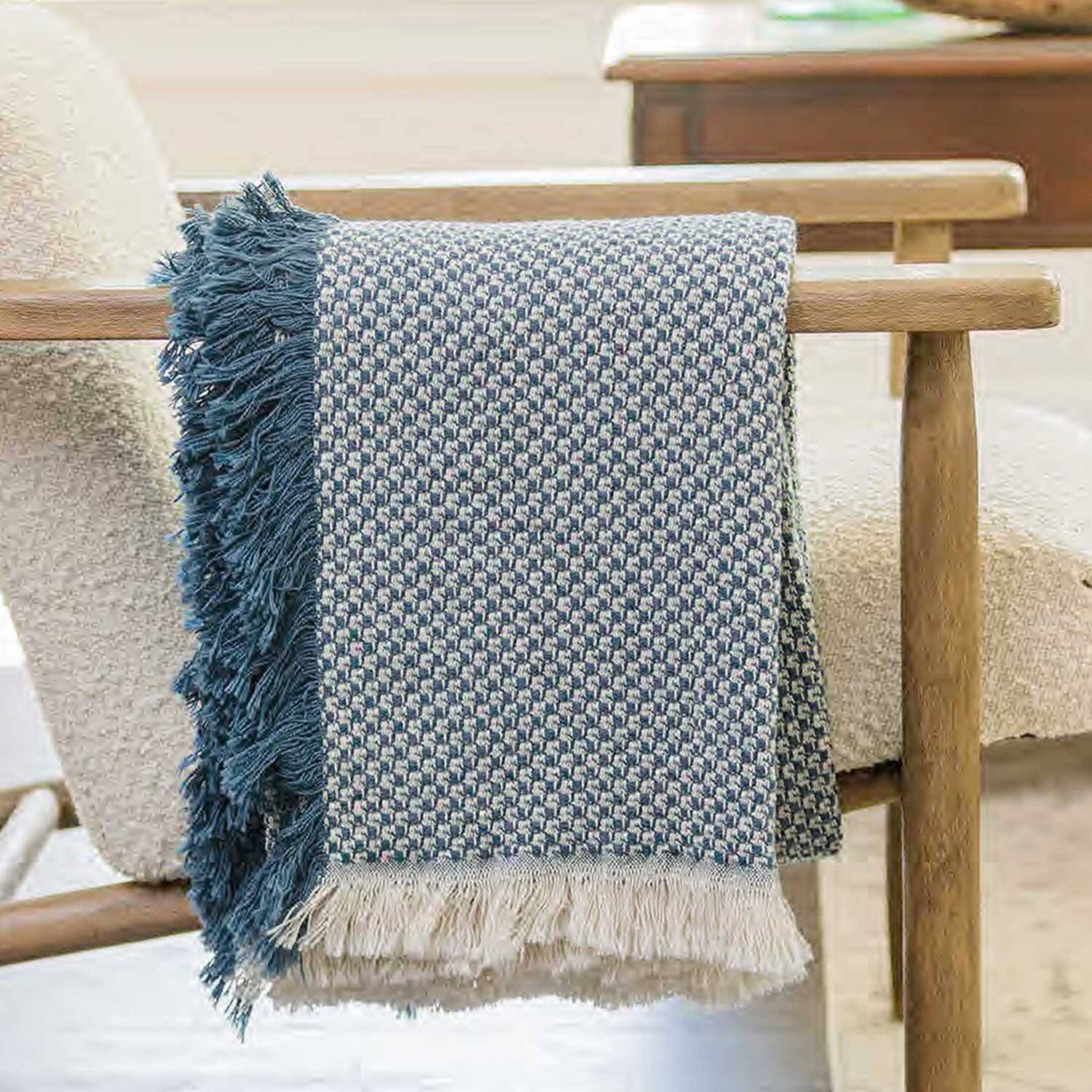 BASKET WEAVE BLUE Cotton Woven Throw Blanket By Kavka Designs Bed