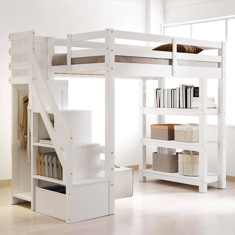 Twin/Full Size White Loft Bed with Storage Shelves, Staircase, Wardrobe & LED Light - Pine Wood Frame - White - Twin