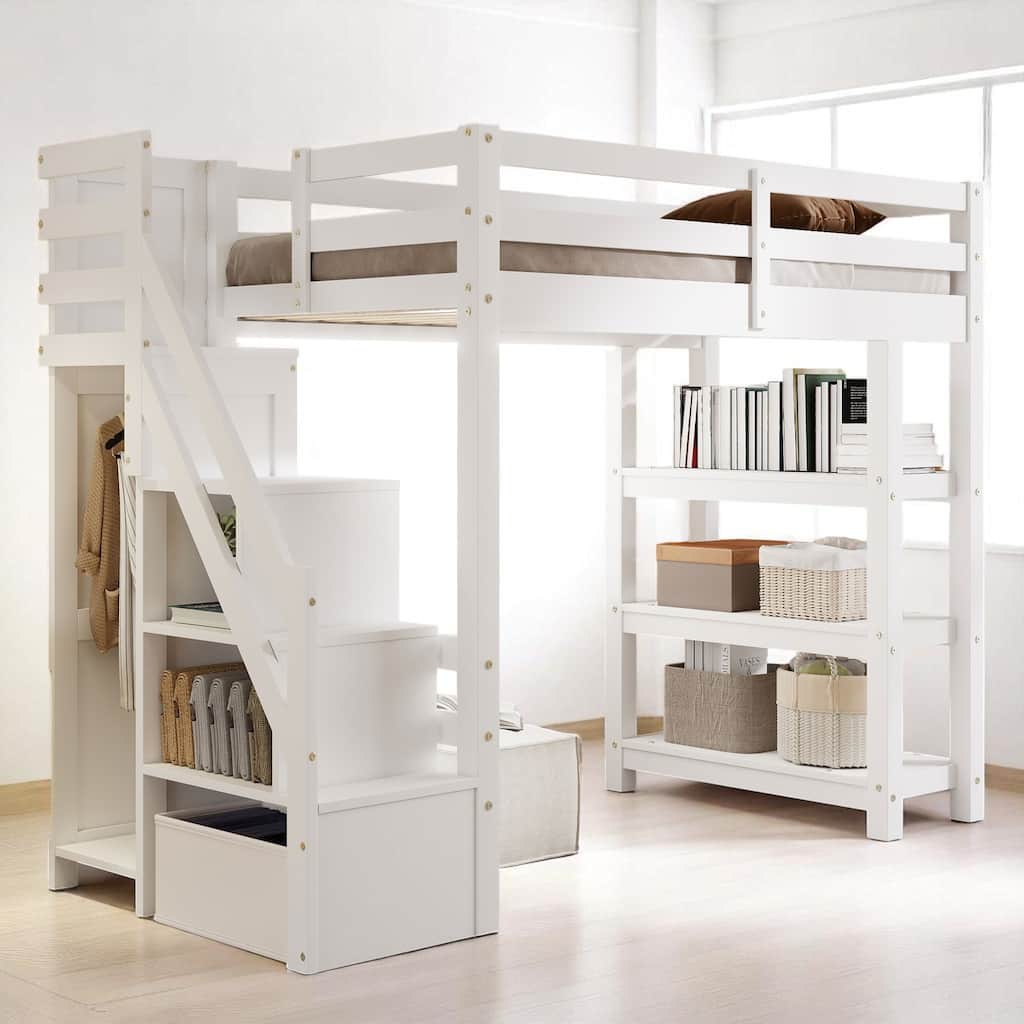 Twin/Full Size White Loft Bed with Storage Shelves, Staircase, Wardrobe & LED Light - Pine Wood Frame