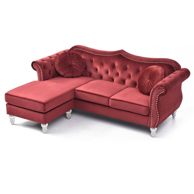 Tufted Velvet Chesterfield Sectional Sofa with Throw Pillows - 81" - Red