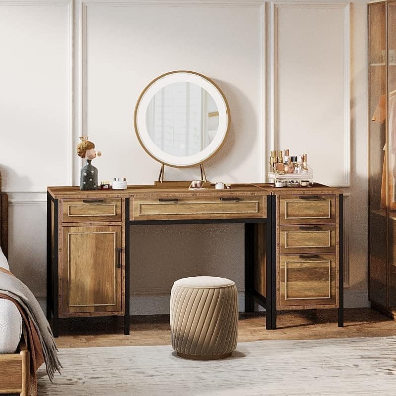Farmhouse Makeup Vanity Desk with 5 Drawers and Cabinet for Bedroom