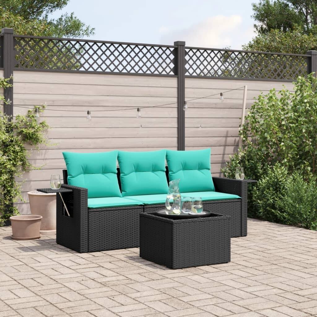 vidaXL 4 Piece Patio Sofa Set with Cushions Black Poly Rattan - 21.7 x 24.4 x 27.2