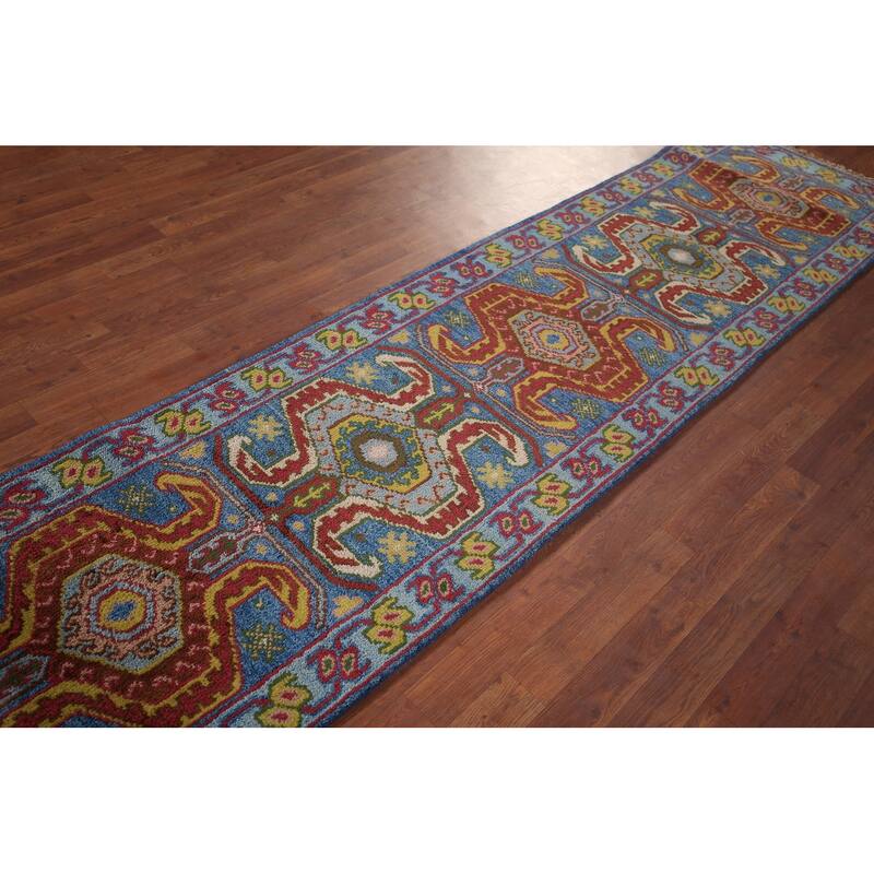 Geometric Blue Kazak Oriental Runner Rug Handmade Wool Carpet - 2'5"x 9'10"