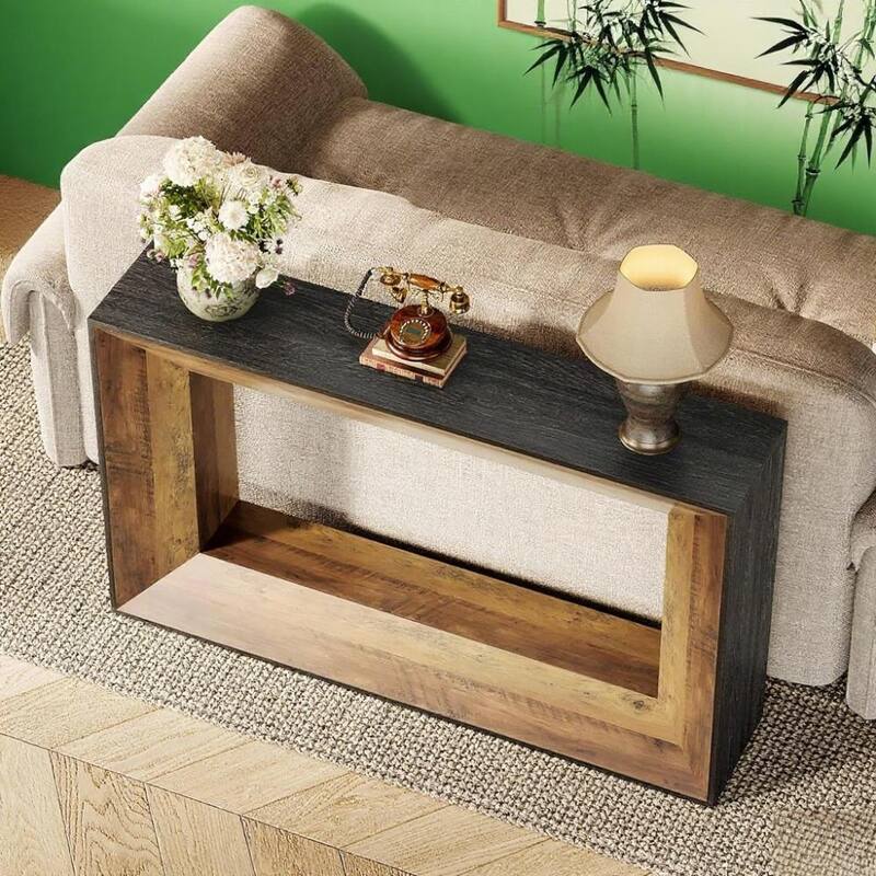 Brown Vintage Style Console Table with Geometric Design MDF Wood Entryway Sofa Hallway Table 55 Inch - 55.12" x 11.81" x 33.46"