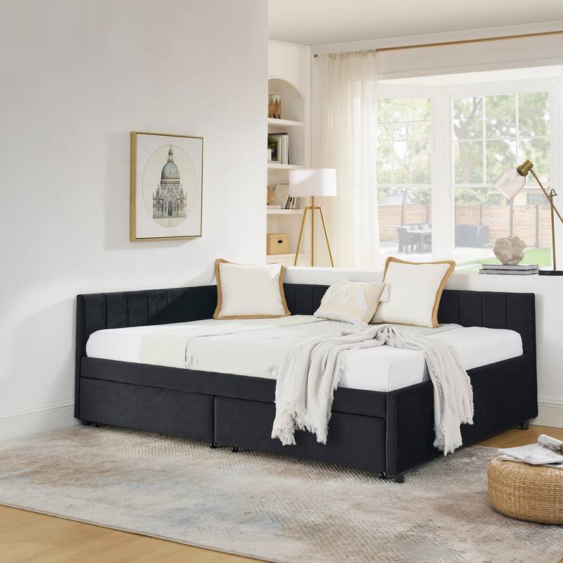 Roomfitters Full Velvet Daybed with Two Storage Drawers, Upholstered Sofa Bed Frame with Backrest and Armrests