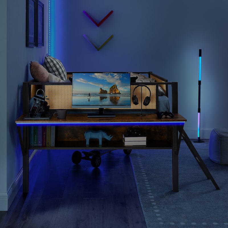 Metal loft Bed With Desk,LED loft Bed Frame Double Bed,Shelves,hanging compartments,safety guard,ladder,no box springs required