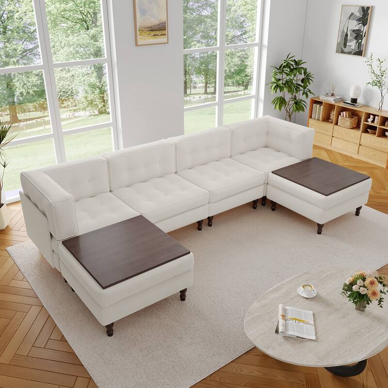 130"W Corduroy Upholstered Modular Sectional Sofa with Storage Ottoman