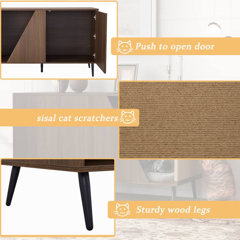 53'' Cat Litter Box Enclosure, Wooden Hidden Litter Box Furniture with Sisal Scratcher Coffee Table, Cat House Storage - Brown