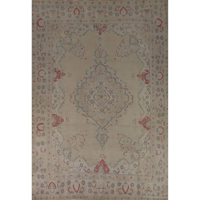 Medallion Tabriz Persian Area Rug Hand-Knotted Beige Wool Carpet - 9'2"x 12'8"