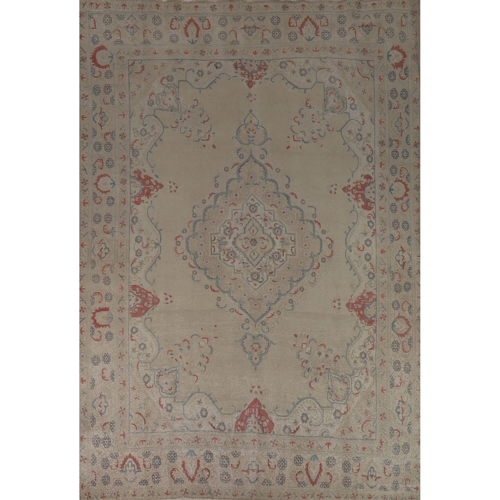 Medallion Tabriz Persian Area Rug Hand-Knotted Beige Wool Carpet - 9'2"x 12'8"