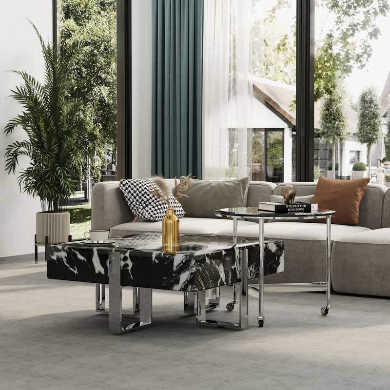 Modern Luxury Square Faux Marble Coffee Table Set Nesting Coffee Table with End Table