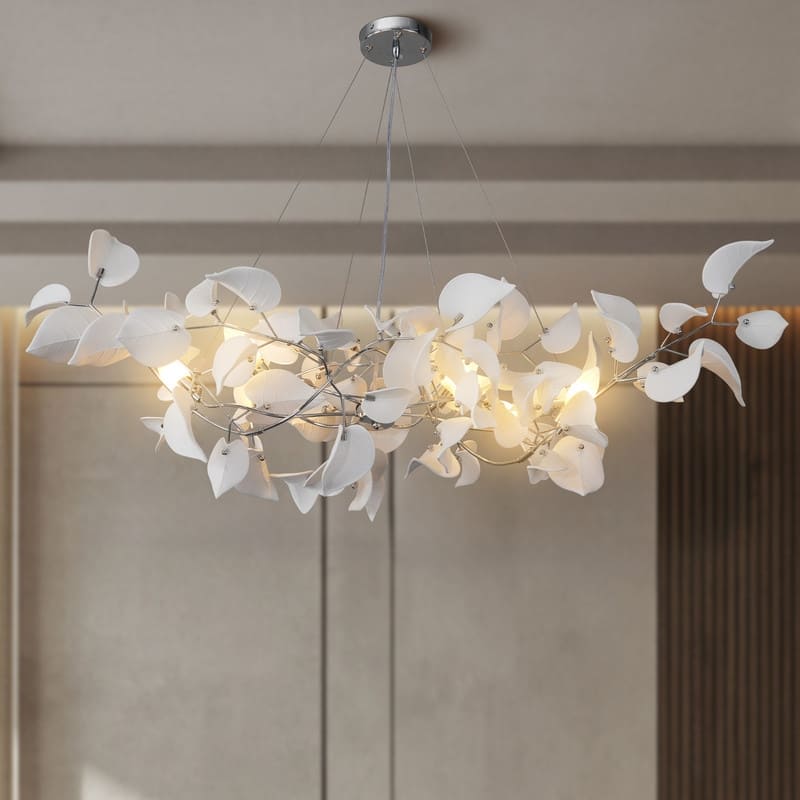 KAYLA 31.5" 6-Light Luxury Gold Round Chandelier, Modern Ceramic Leaf Branch - 47in 6-Light - Chrome