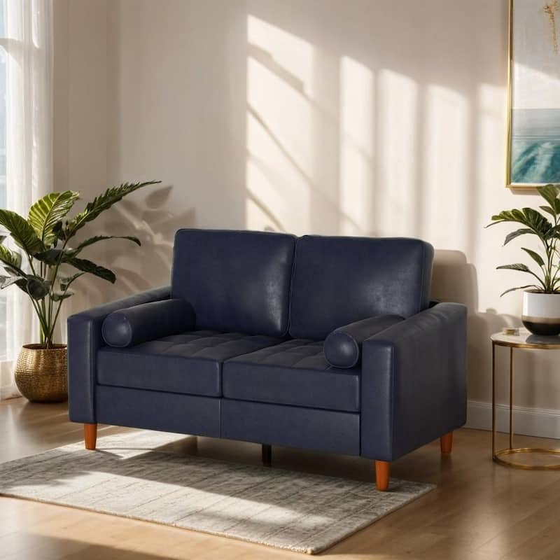 Mid-Century Leather Couch with Hand-Stitched Comfort Cushion and Bolster Pillows - Blue