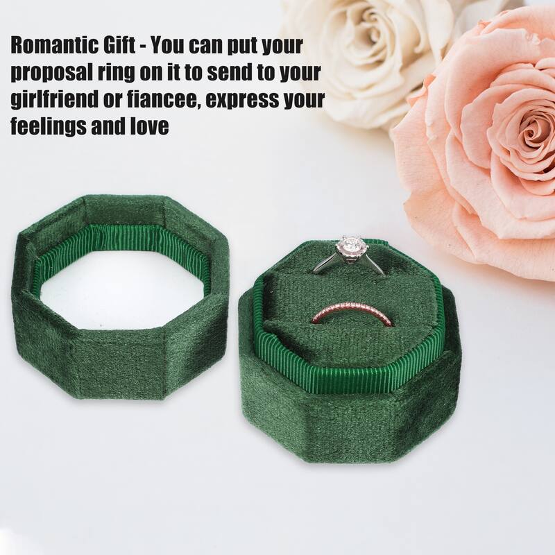 Velvet Ring Box, Double Ring Box 2 Slots Display Holder Jewelry Storage for Wedding - Dark Green
