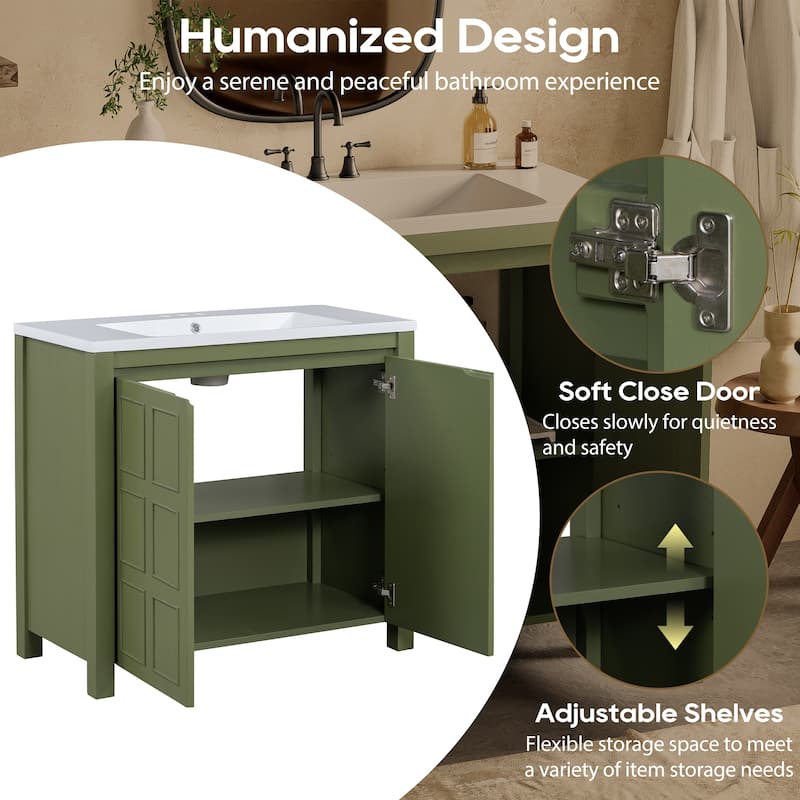 36" Bathroom Vanity with Undermount Resin Sink Combo Set, Solid Wood Frame Bathroom Storage Cabinet with Adjustable Shelves