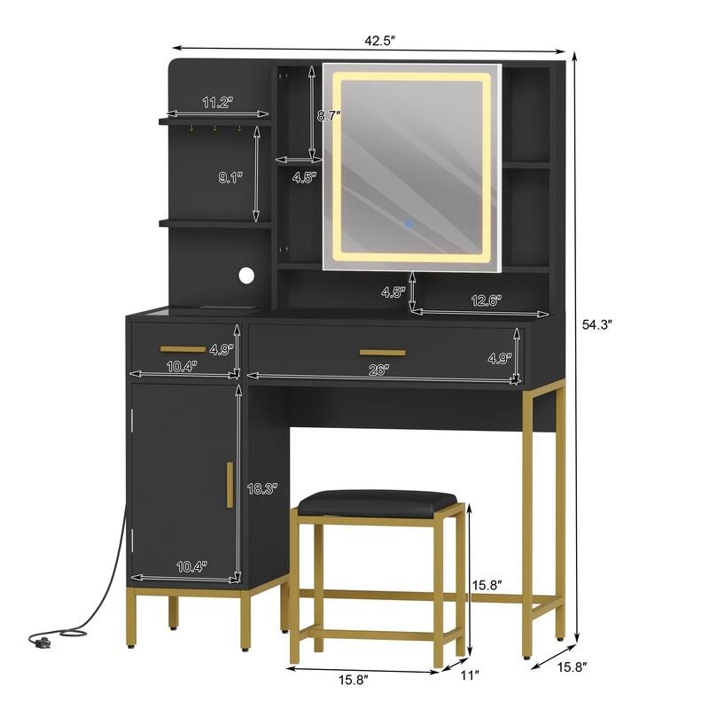 Vanity Table with LED Mirror, Stool, Shelves, Drawers, Cabinets, Charging Station