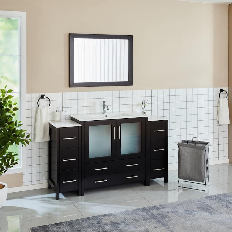 Vanity Art 60-Inch Single Sink Bathroom Vanity Set 8 Dove-Tailed Drawers 3 Cabinets 1 Shelf Soft-Closing Doors with Free Mirror