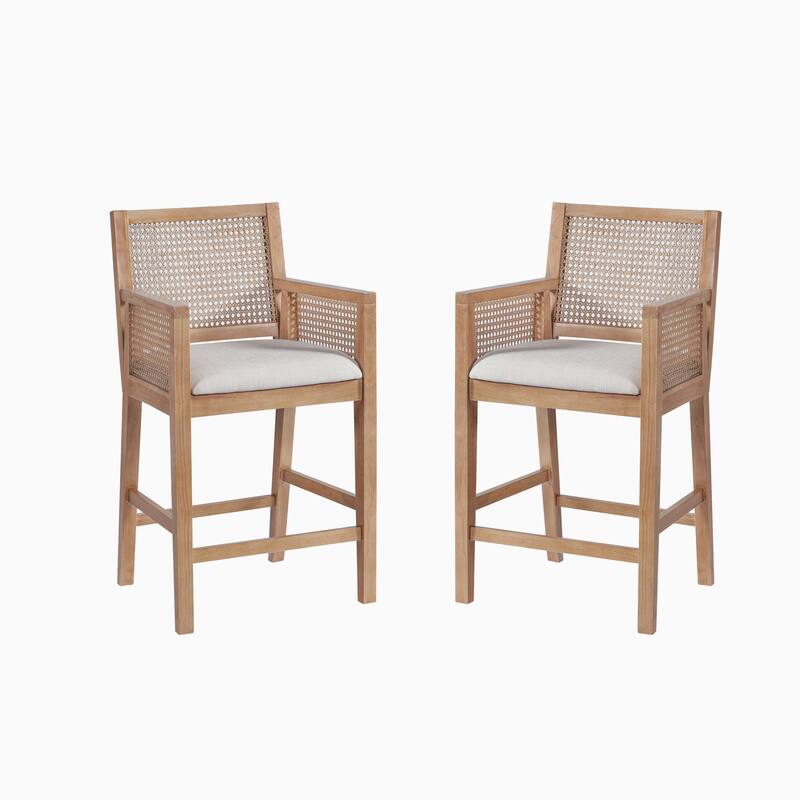 Christopher Knight Home - French Country Wood & Rattan Counter Stools with Upholstered Seat and Arms - Set of 2