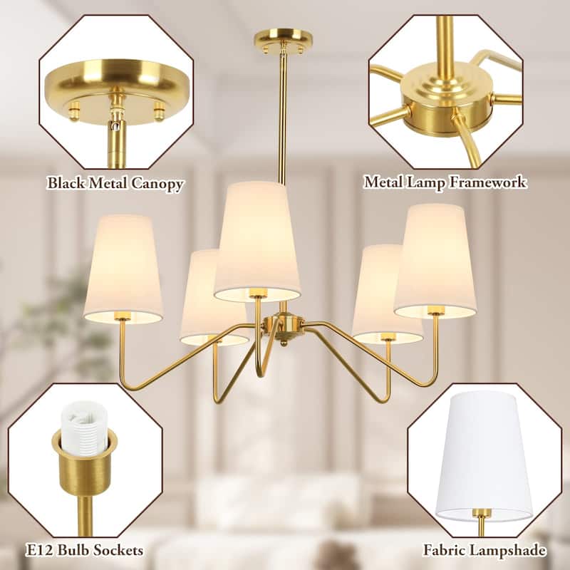 5-Light Modern Chandelier with White Shades,30"Brass Gold Chandelier,Classic Pendant Ceiling Light Fixture w/ E12 Base