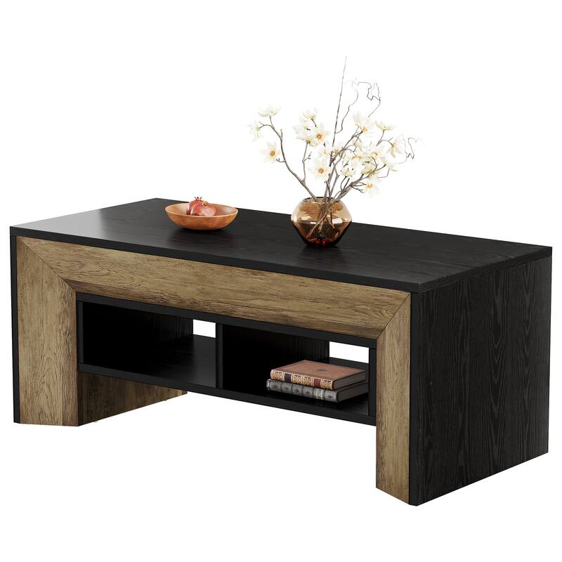 Rectangular Coffee Table with 2-Tier Storage, Modern Wood Center Table for Home Living Room