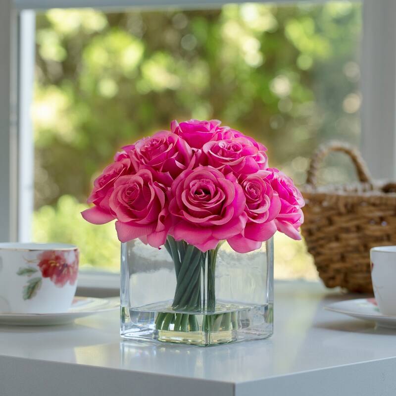 Enova Home Artificial Silk Rose Flowers in Cube Glass Vase with Faux Water for Home Office Decoration - N/A - Fushia