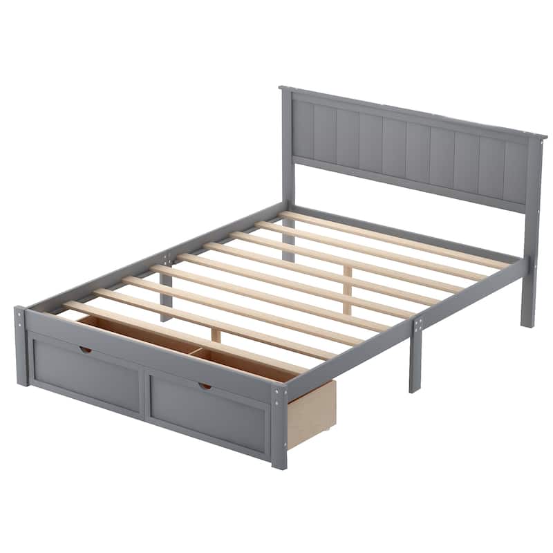 Full Size Platform Bed with Underbed Drawers, Pine Wood and MDF