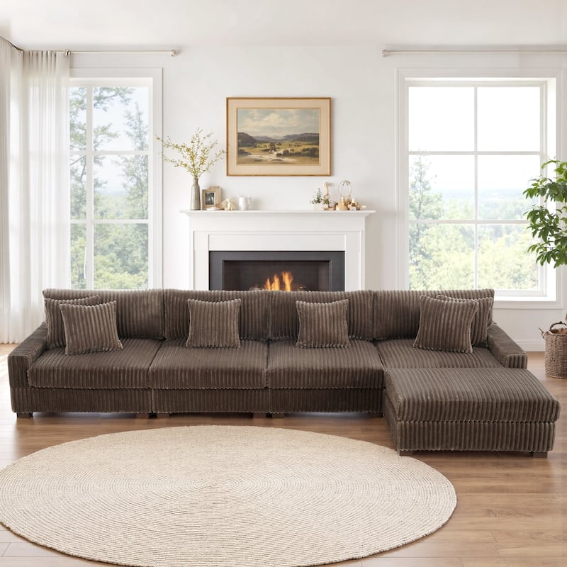 Anne 150" W Upholstered Plush Corduroy Modular Sectional Sofa - 5-Piece Light Brown