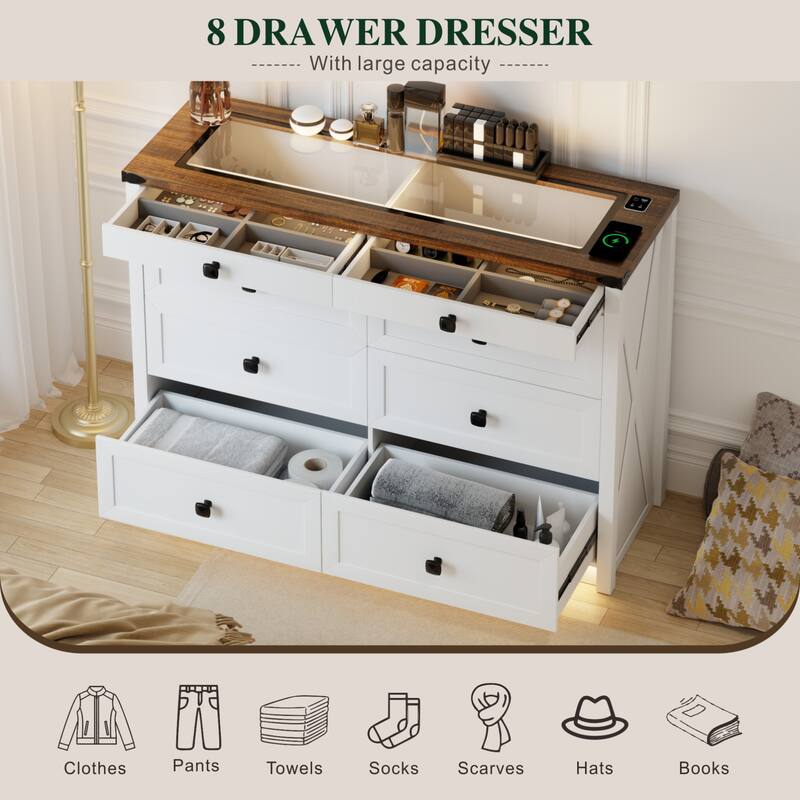 8 - Drawer Dresser With LED Light and USB Port