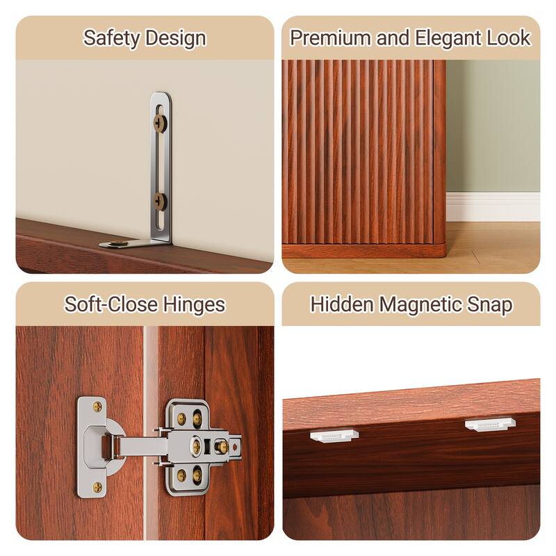 Fluted Wood Kitchen Pantry Storage Cabinet, Buffet Cabinet with Doors & 6 Tier Shelves, Freestanding Kitchen Cupboard