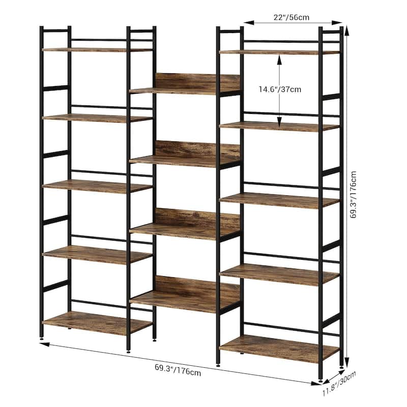 Triple Wide 5 Tier Bookshelf, Industrial Large Bookshelf with 4 Open Display Shelves