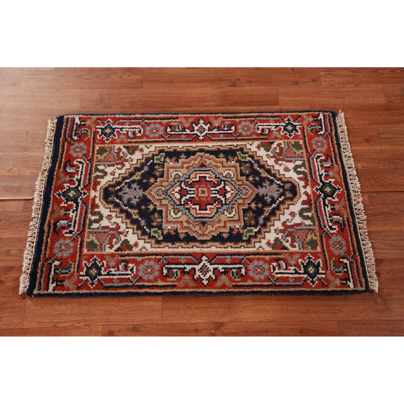 Hand Knotted Oriental 100% Wool Carpet Traditional Medallion Navy Blue & Blues Heriz (serapi) Area Rug - 3' 0'' X 2' 0''