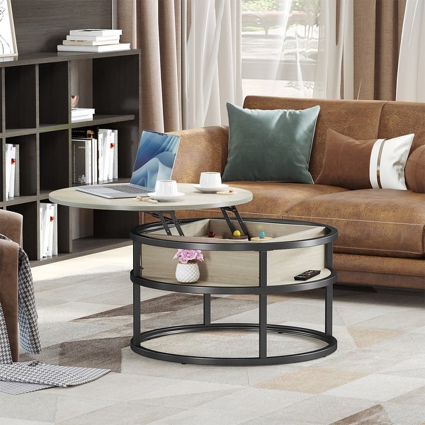 Wood Round Lift Top Coffee Table White Oak with Hidden Storage ...