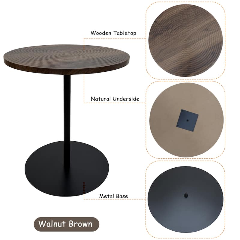 Set of 2 Small Round Side Table Wooden Concentric Circles Coffee Table for Two Metal Pedestal Nightstand for Corner Small Space
