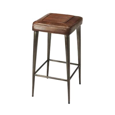 Brown-Grey Leather and Wood Backless Bar Stool with Iron Frame and Footrest - 17” L x 16” W x 32” H