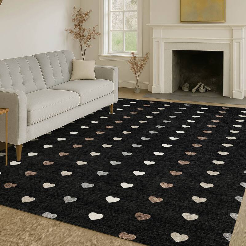 Machine Washable Indoor/ Outdoor Modern Hearts Chantille Rug