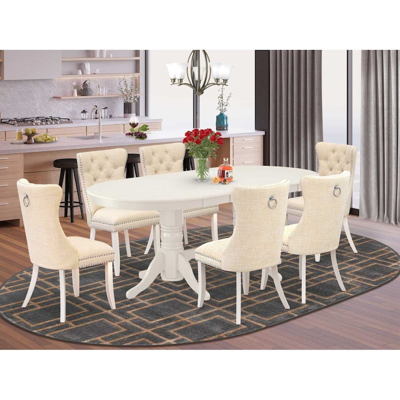 Oval Dining Table Set with 6 Chairs - Linen White Kitchen Table & Chair Set
