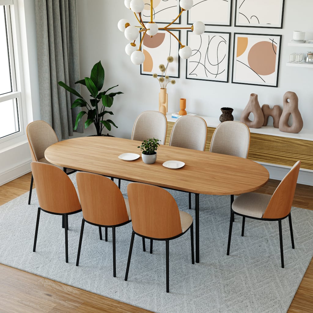 Tule Modern 9-Piece Dining Set with Solid Wood Top Oval Dining Table and Fabric Upholstered Black Steel Legs