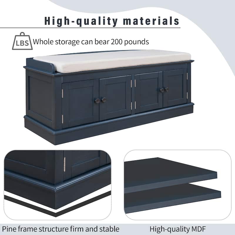 Entryway Storage Bench with 4 Doors and Adjustable Shelves, Shoe Bench Shoe Cabinet Storage Ottoman with Removable Seat Cushion