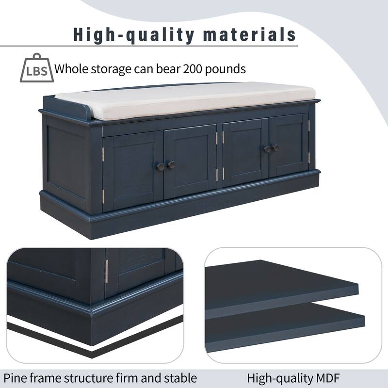 Storage Shoes Bench with 4 Doors and Adjustable Shelves, Removable Cushion