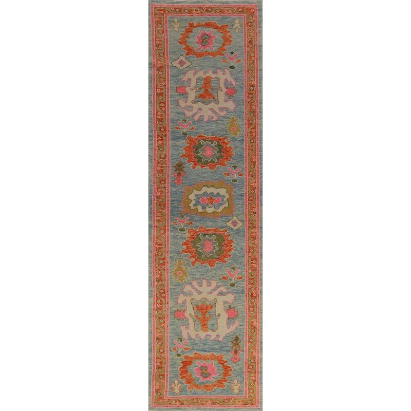 Hand Knotted Oriental 100% Wool Carpet Transitional Floral Navy Blue & Blues Oushak Runner Rug - 12' 8'' X 2' 11''