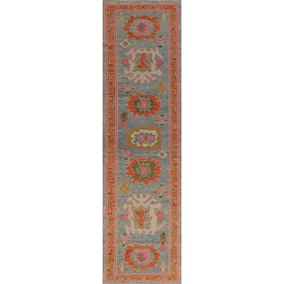 Hand Knotted Oriental 100% Wool Carpet Transitional Floral Navy Blue & Blues Oushak Runner Rug - 12' 8'' X 2' 11''