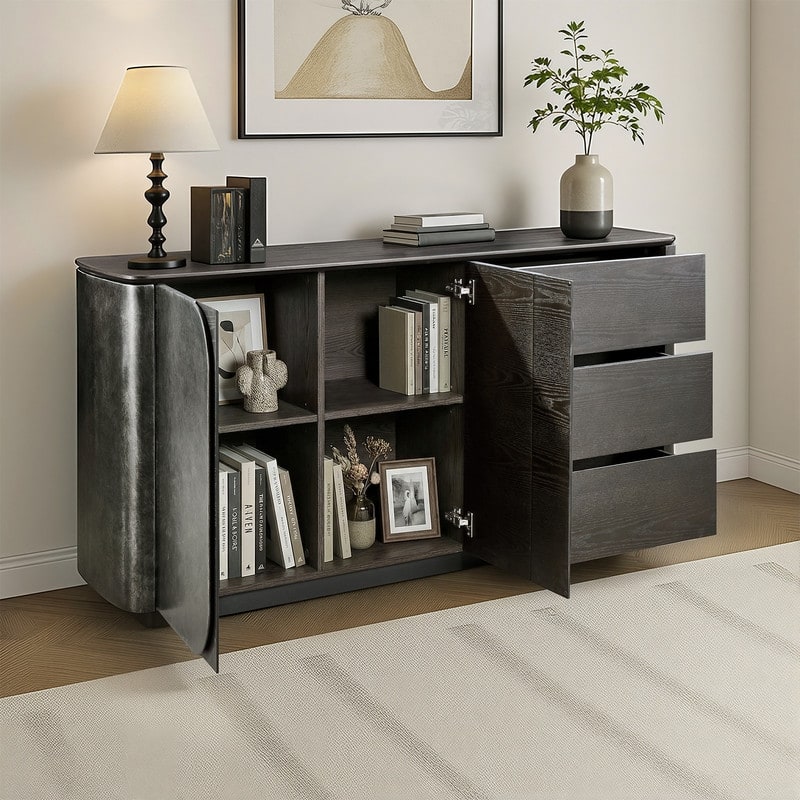 Spruce & Spring Modern Scandinavian Luxury Ash Wood Sideboard with Metallic Accent, Dark Brown Storage Buffet Cabinet