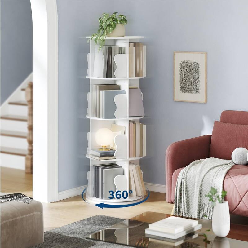 Rotating Bookcase, Standing Shelf with 4 Levels, 360° Floorstanding Wooden Bookcase, Office Shelf - White