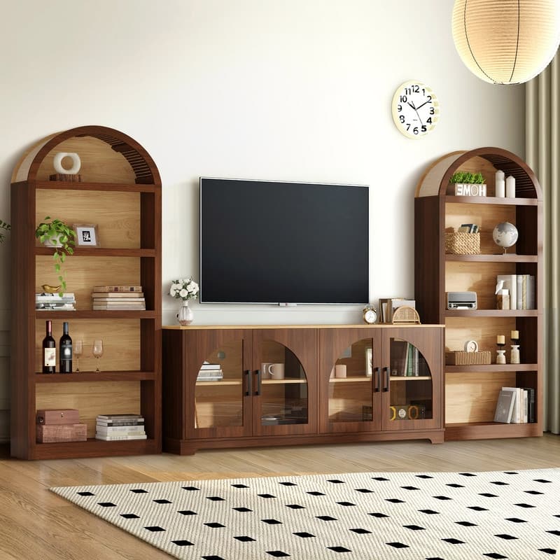 Farmhouse 3-Piece TV Stand Set for TVs Up to 70", Entertainment Center with Arched Sideboard and Glass Doors for Living Room