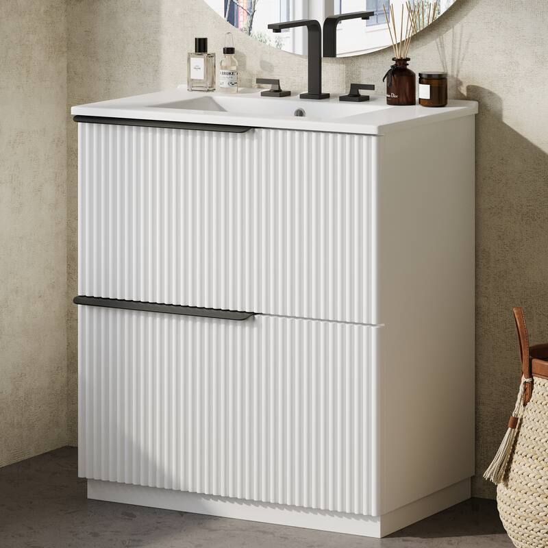 Fluted Bathroom Vanity with Ceramic Sink, Freestanding Vanities Set, Bathroom Storage Cabinet with Full-Extension Drawers