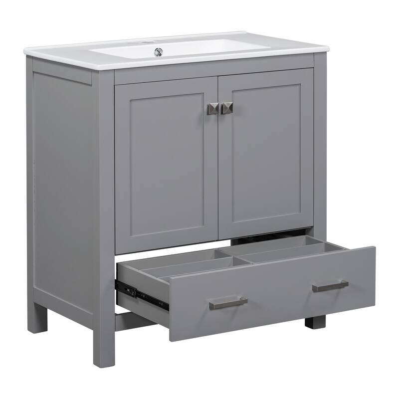 36"/30" Bathroom Vanity with Ceramic Sink, Soft-Close Doors, Double Storage Shelves & Divided Drawer
