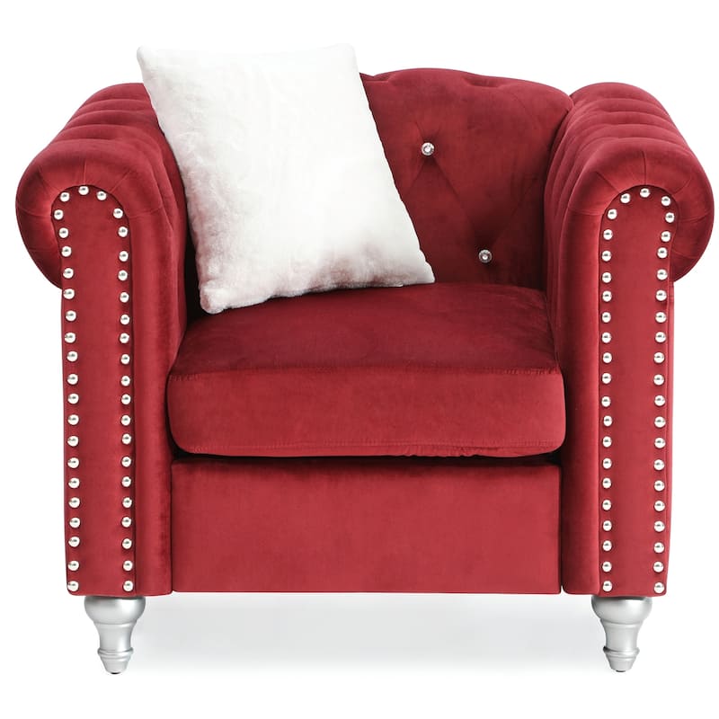 Solid Jeweled Tufted Velvet Accent Chair with Throw Pillow - 38" - Red and White