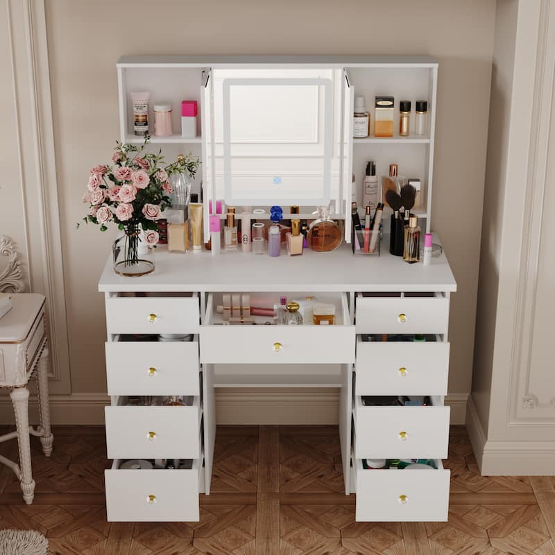 Vanity Desk with Mirror and Lights, Large Makeup Vanity Dressing Table