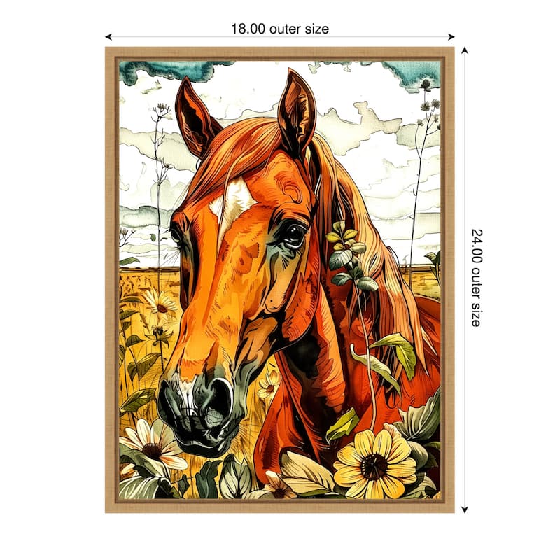 Horse and Daisies by Justyna Jaszke Framed Canvas Wall Art - 18 x 24 in