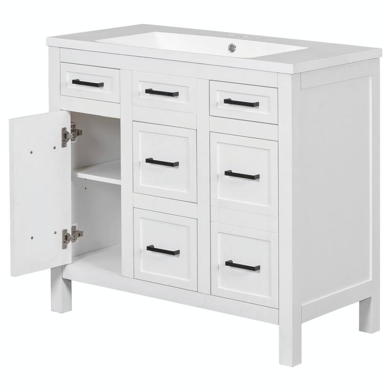 36" Bathroom Vanity with Integrated Resin Sink - 4 Drawers, 2 Doors
